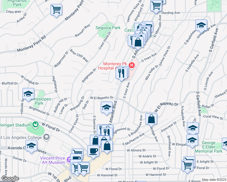 map of restaurants, bars, coffee shops, grocery stores, and more near 1301 South Atlantic Boulevard in Monterey Park