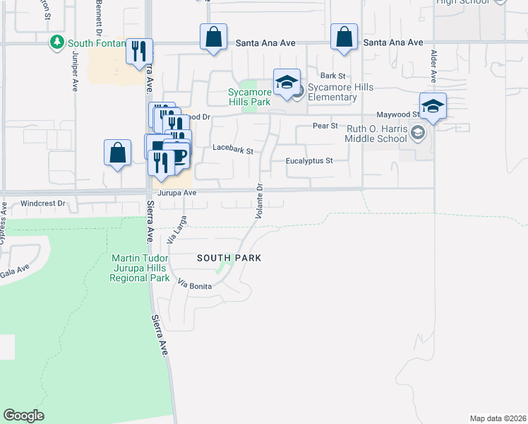 map of restaurants, bars, coffee shops, grocery stores, and more near 17229 Avenue Del Sol in Fontana