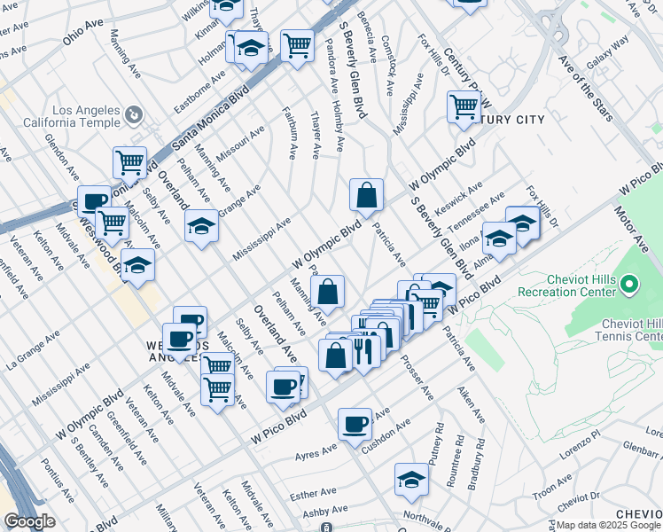 map of restaurants, bars, coffee shops, grocery stores, and more near 2215 Prosser Avenue in Los Angeles