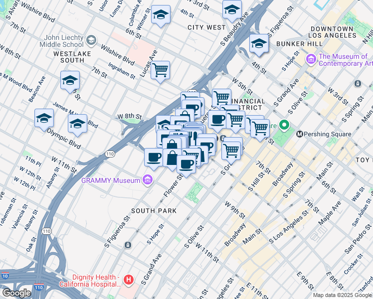 map of restaurants, bars, coffee shops, grocery stores, and more near 844 South Figueroa Street in Los Angeles