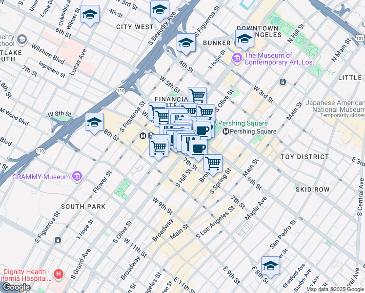 map of restaurants, bars, coffee shops, grocery stores, and more near 417 West 7th Street in Los Angeles