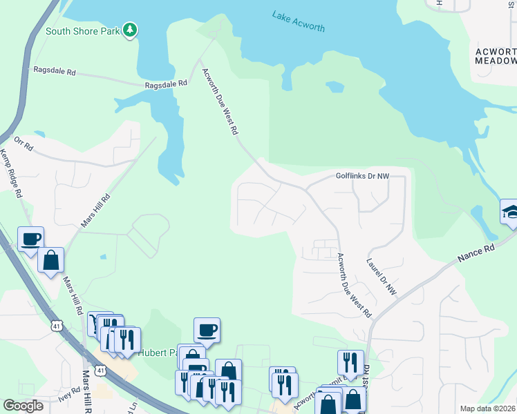 map of restaurants, bars, coffee shops, grocery stores, and more near 4410 Singletree Way in Acworth