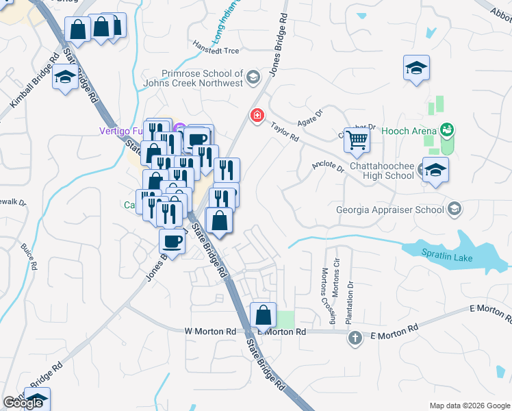 map of restaurants, bars, coffee shops, grocery stores, and more near 305 Saddle Bridge Drive in Alpharetta