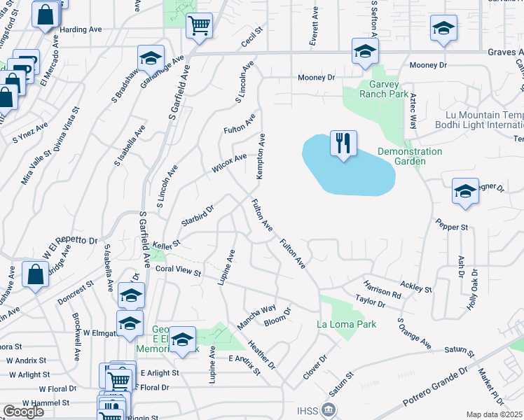 map of restaurants, bars, coffee shops, grocery stores, and more near 1570 Fulton Avenue in Monterey Park