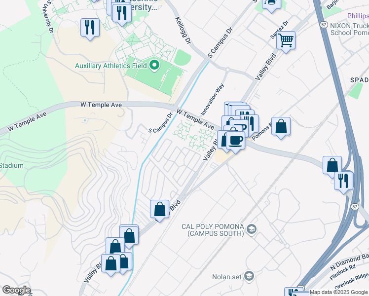 map of restaurants, bars, coffee shops, grocery stores, and more near 3667 Valley Boulevard in Pomona
