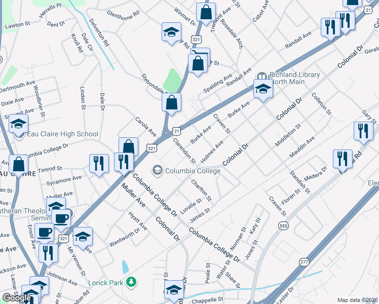 map of restaurants, bars, coffee shops, grocery stores, and more near 4883-4889 Burke Avenue in Columbia