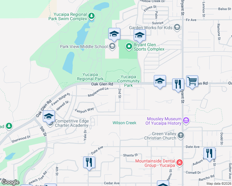 map of restaurants, bars, coffee shops, grocery stores, and more near 11377 Deerfield Drive in Yucaipa