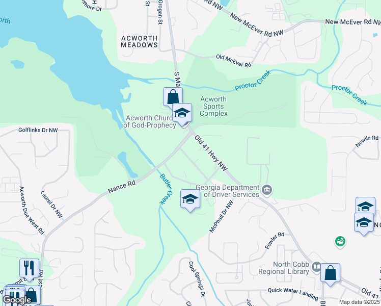 map of restaurants, bars, coffee shops, grocery stores, and more near 3855 Lakeview Way Northwest in Kennesaw