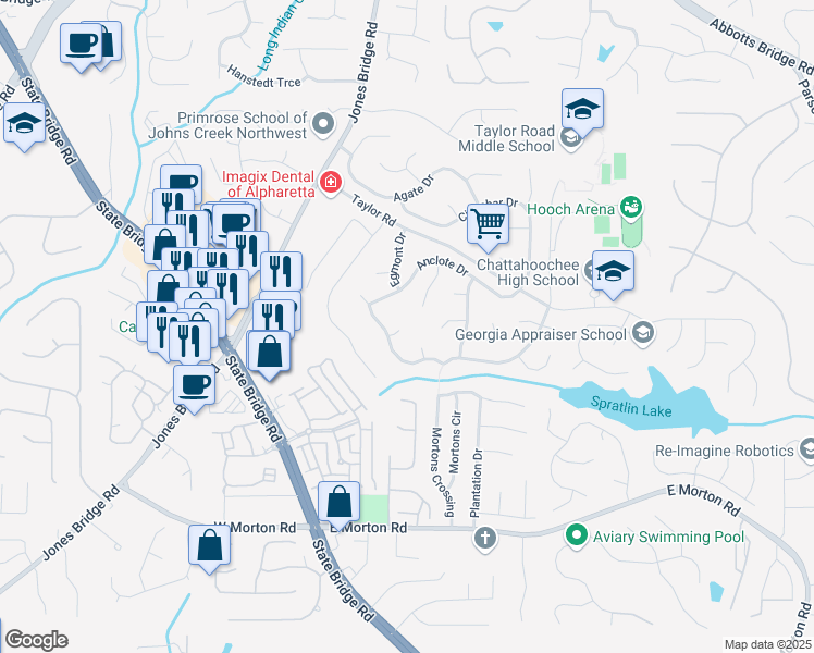 map of restaurants, bars, coffee shops, grocery stores, and more near 130 Anclote Court in Alpharetta