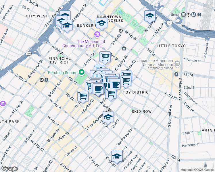 map of restaurants, bars, coffee shops, grocery stores, and more near 546 South Spring Street in Los Angeles