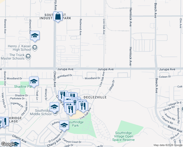 map of restaurants, bars, coffee shops, grocery stores, and more near 11321 Sherwood Court in Fontana