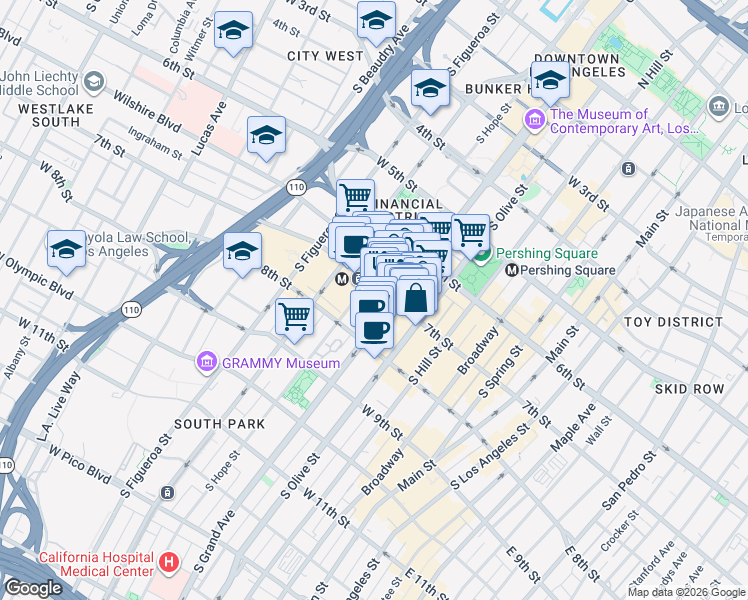 map of restaurants, bars, coffee shops, grocery stores, and more near 770 South Grand Avenue in Los Angeles