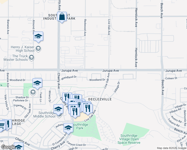 map of restaurants, bars, coffee shops, grocery stores, and more near 14725 Westward Drive in Fontana