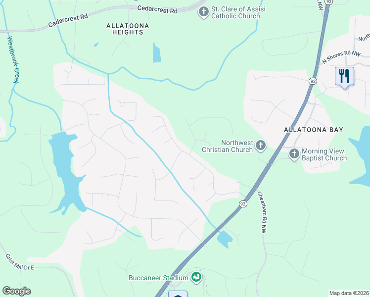 map of restaurants, bars, coffee shops, grocery stores, and more near 3676 Autumn View Drive in Acworth