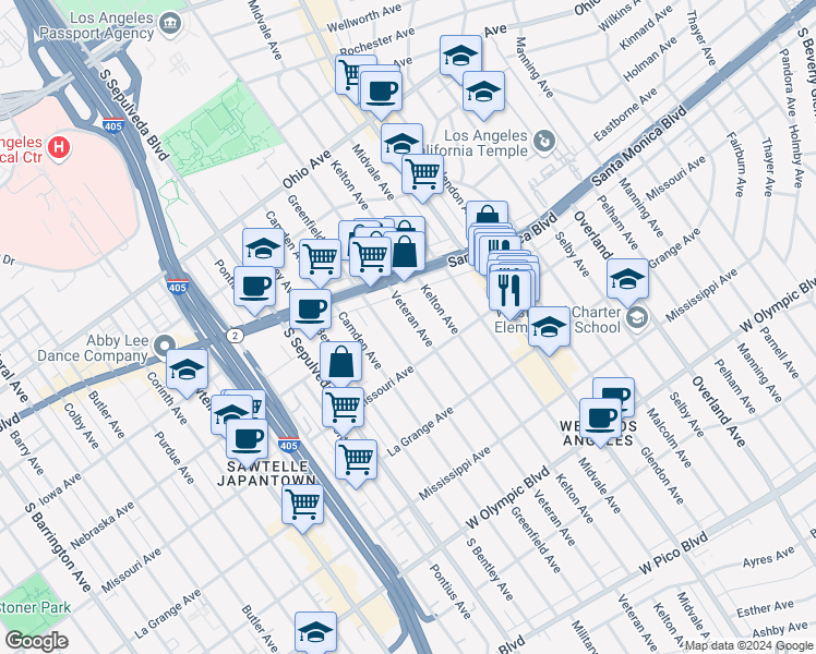 map of restaurants, bars, coffee shops, grocery stores, and more near 1851 Veteran Avenue in Los Angeles
