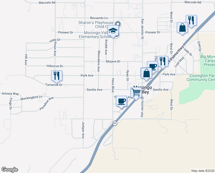 map of restaurants, bars, coffee shops, grocery stores, and more near 49484 Senilis Avenue in Morongo Valley