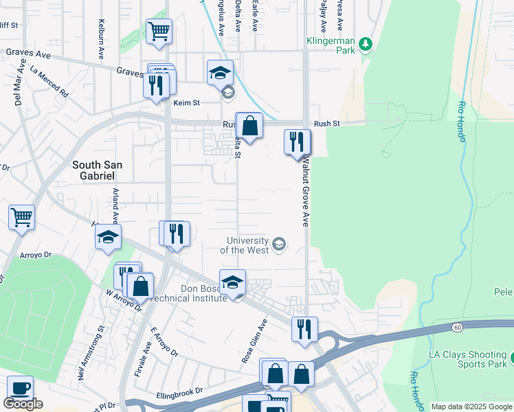 map of restaurants, bars, coffee shops, grocery stores, and more near 8447 Yarrow Street in Rosemead