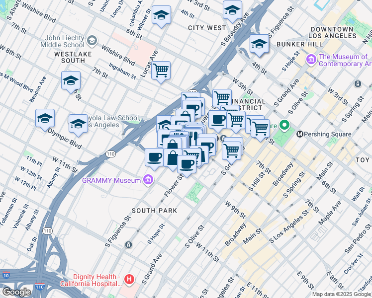 map of restaurants, bars, coffee shops, grocery stores, and more near 844 South Figueroa Street in Los Angeles