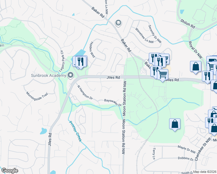 map of restaurants, bars, coffee shops, grocery stores, and more near 3995 Verbena Court in Kennesaw