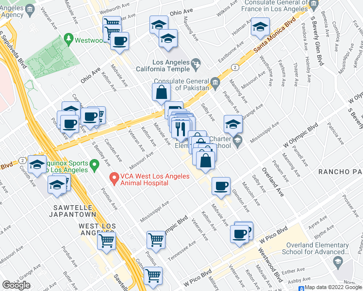 map of restaurants, bars, coffee shops, grocery stores, and more near 1930 Midvale Avenue in Los Angeles