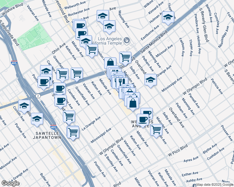 map of restaurants, bars, coffee shops, grocery stores, and more near 19451/2 Westwood Boulevard in Los Angeles