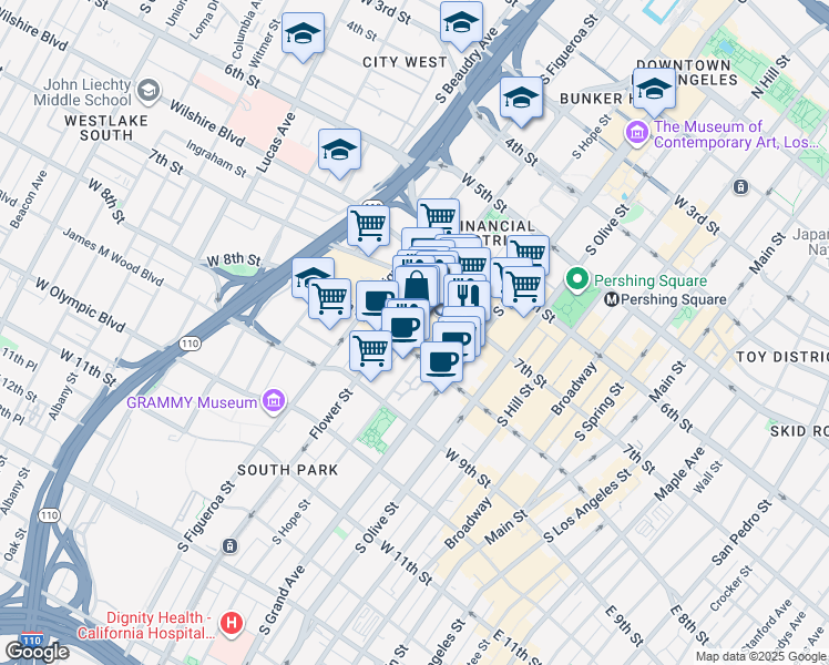 map of restaurants, bars, coffee shops, grocery stores, and more near 750 West 7th Street in Los Angeles
