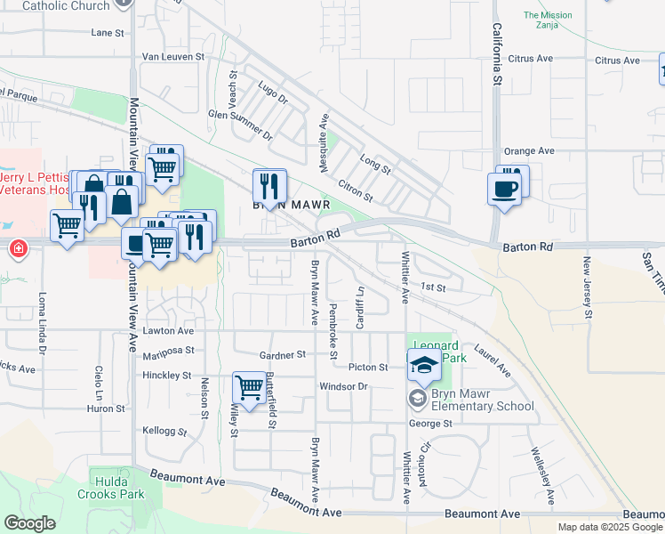 map of restaurants, bars, coffee shops, grocery stores, and more near 26140 Workman Place in Loma Linda