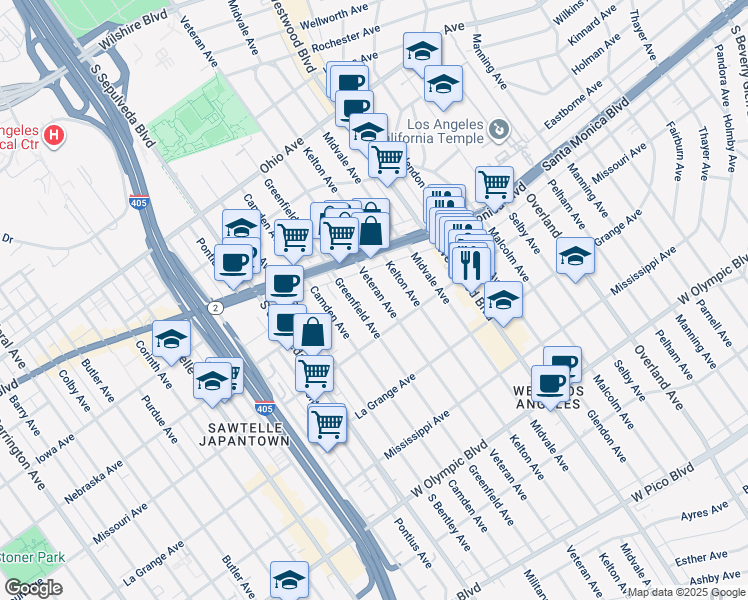 map of restaurants, bars, coffee shops, grocery stores, and more near 1870 Veteran Avenue in Los Angeles