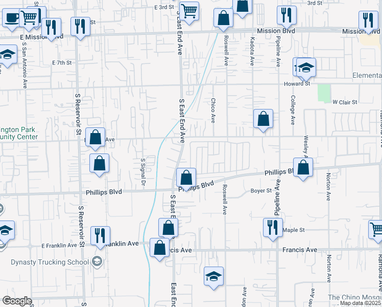 map of restaurants, bars, coffee shops, grocery stores, and more near Cumberland Lane in Pomona