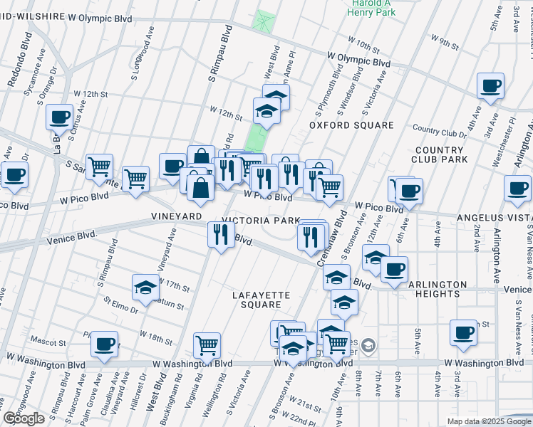 map of restaurants, bars, coffee shops, grocery stores, and more near 4429 Victoria Park Drive in Los Angeles