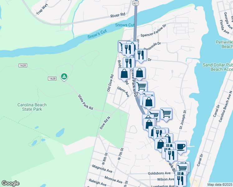 map of restaurants, bars, coffee shops, grocery stores, and more near 900 Blanche Avenue in Carolina Beach
