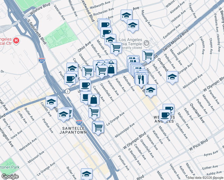 map of restaurants, bars, coffee shops, grocery stores, and more near 1851 Veteran Avenue in Los Angeles