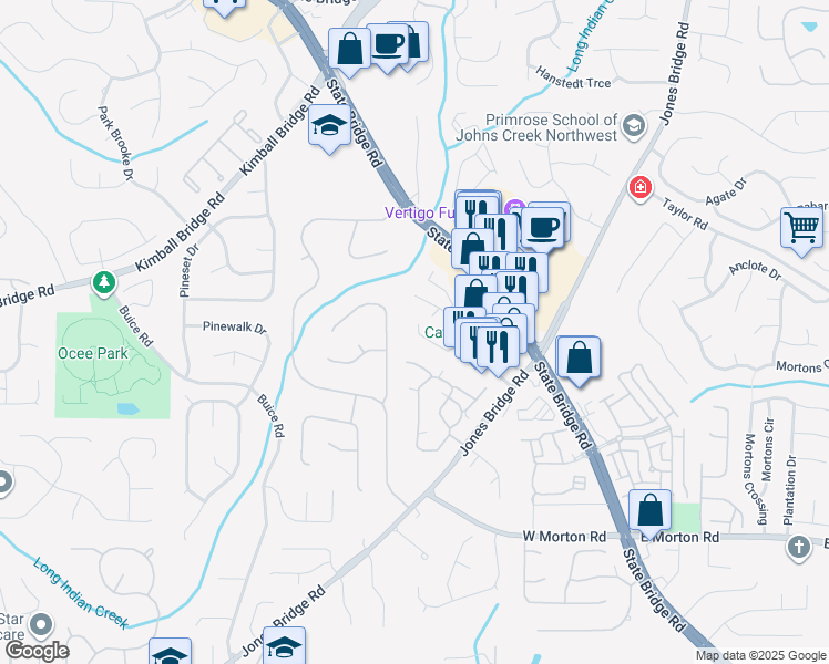 map of restaurants, bars, coffee shops, grocery stores, and more near Valais Court in Johns Creek
