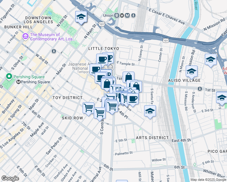 map of restaurants, bars, coffee shops, grocery stores, and more near 100 South Alameda Street in Los Angeles