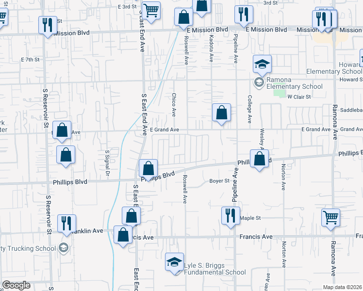 map of restaurants, bars, coffee shops, grocery stores, and more near 11417 Dartmouth Lane in Pomona