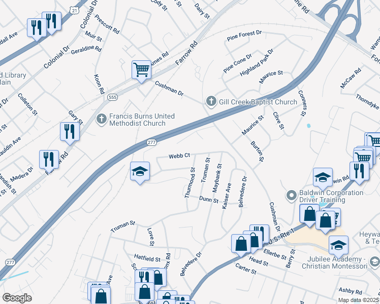 map of restaurants, bars, coffee shops, grocery stores, and more near 3923 Webb Court in Columbia
