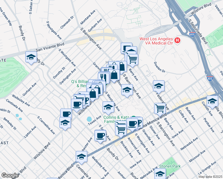 map of restaurants, bars, coffee shops, grocery stores, and more near 1215 Granville Avenue in Los Angeles