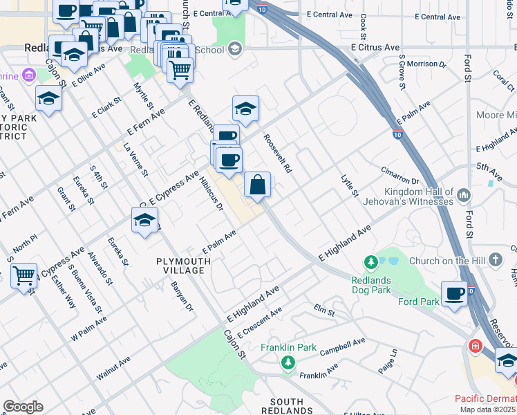 map of restaurants, bars, coffee shops, grocery stores, and more near 700 East Redlands Boulevard in Redlands