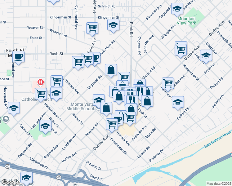 map of restaurants, bars, coffee shops, grocery stores, and more near 1949 Frank Stiles Street in South El Monte