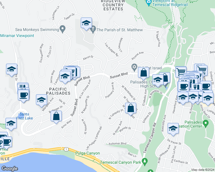 map of restaurants, bars, coffee shops, grocery stores, and more near 650 Las Lomas Avenue in Los Angeles