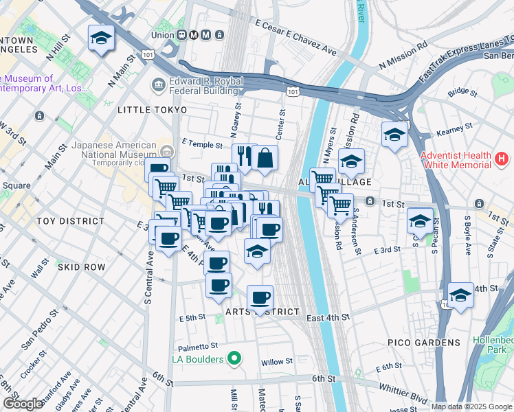 map of restaurants, bars, coffee shops, grocery stores, and more near 201 South Santa Fe Avenue in Los Angeles