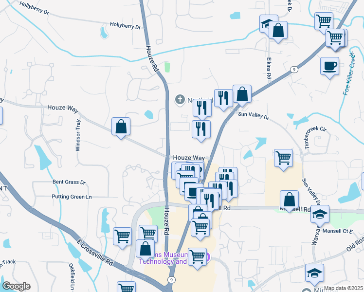 map of restaurants, bars, coffee shops, grocery stores, and more near 600 Houze Way in Roswell