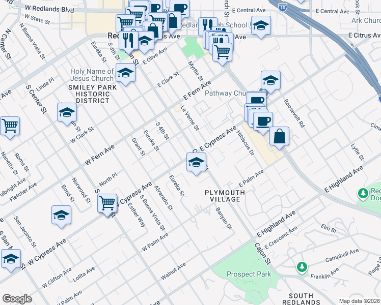map of restaurants, bars, coffee shops, grocery stores, and more near 12 West Cypress Avenue in Redlands