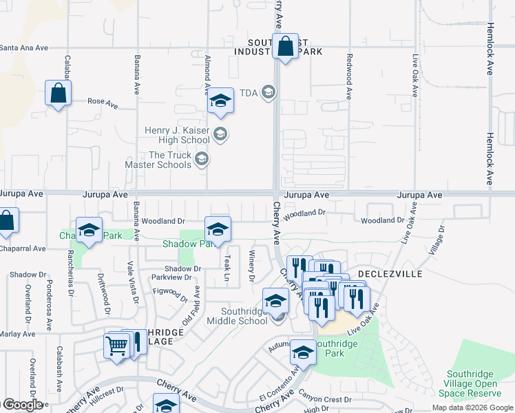 map of restaurants, bars, coffee shops, grocery stores, and more near 11366 Winery Drive in Fontana