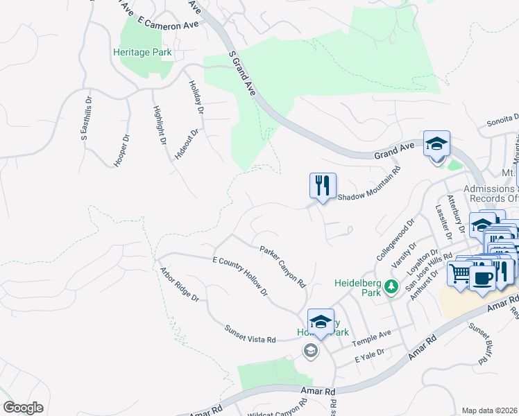 map of restaurants, bars, coffee shops, grocery stores, and more near 1652 Canyon Vista Road in Walnut