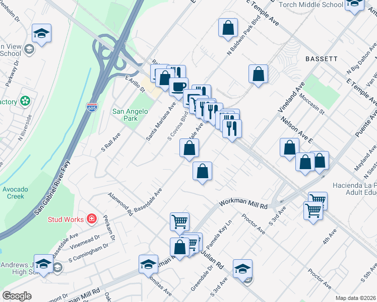 map of restaurants, bars, coffee shops, grocery stores, and more near 230 South Collwood Avenue in Avocado Heights