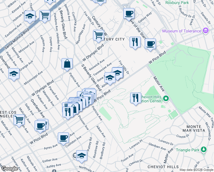 map of restaurants, bars, coffee shops, grocery stores, and more near 10373 West Pico Boulevard in Los Angeles