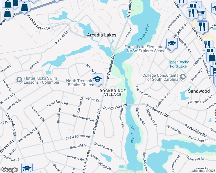 map of restaurants, bars, coffee shops, grocery stores, and more near 4217 Arcadia Road in Columbia