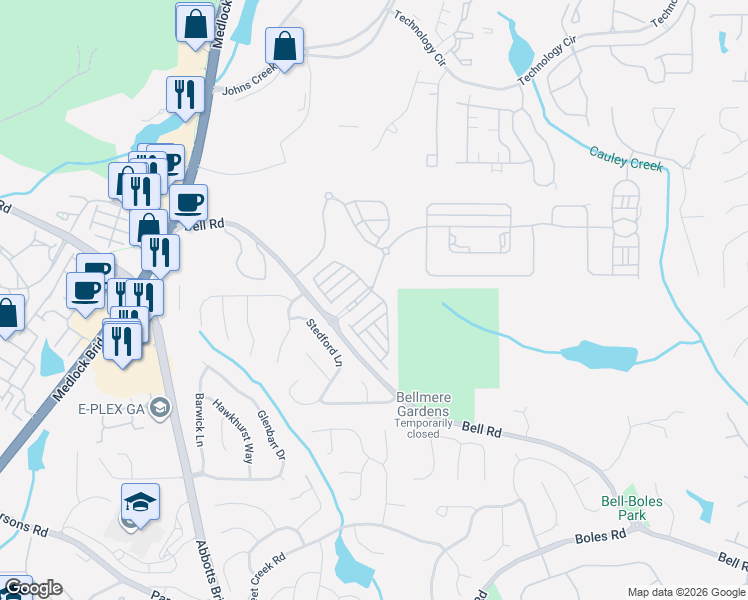 map of restaurants, bars, coffee shops, grocery stores, and more near 10880 Bell Road in Johns Creek