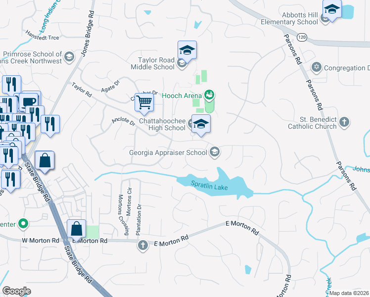map of restaurants, bars, coffee shops, grocery stores, and more near 260 East Taylors Crossing in Alpharetta
